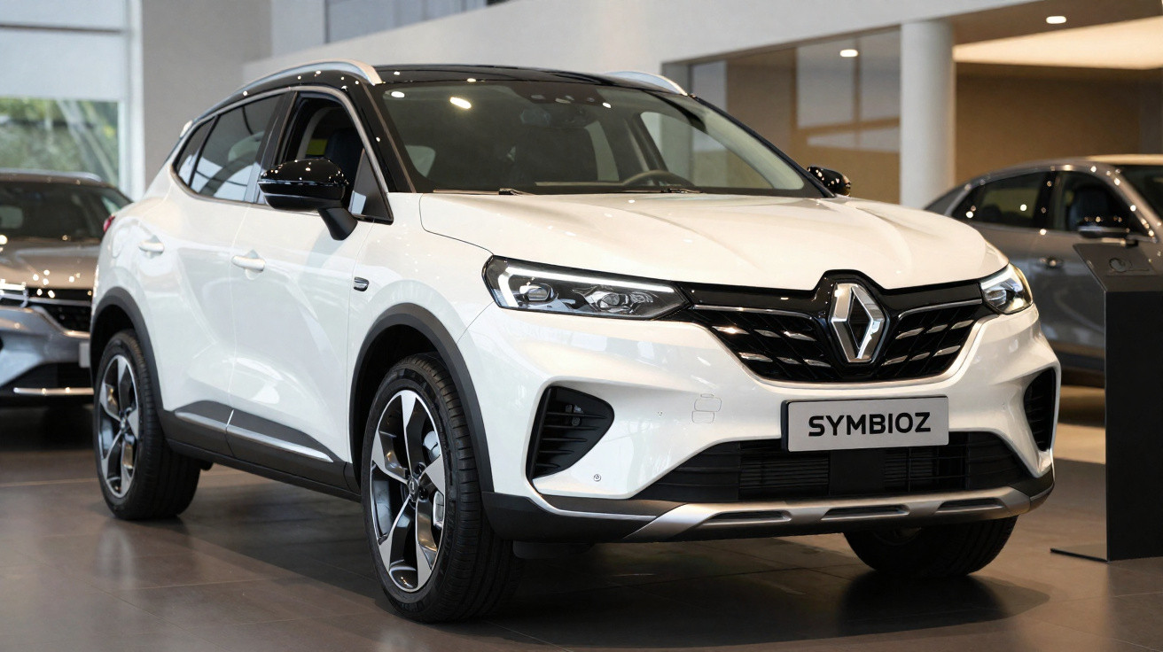 Carro Renault Symbioz branco exibido em concessionária moderna com iluminação interna.