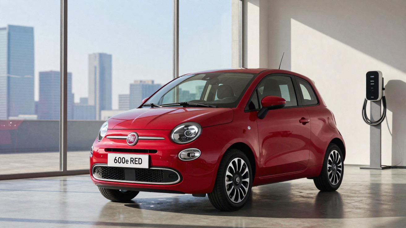 Carro elétrico Fiat 600e vermelho estacionado em garagem moderna com parede de vidro e estação de recarga.