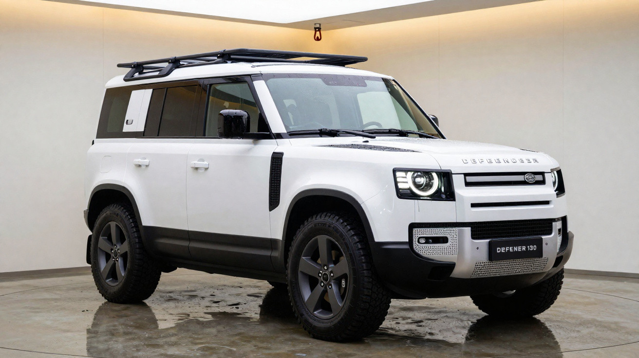 SUV branco Land Rover Defender 130 estacionado em ambiente interno com rack no teto.