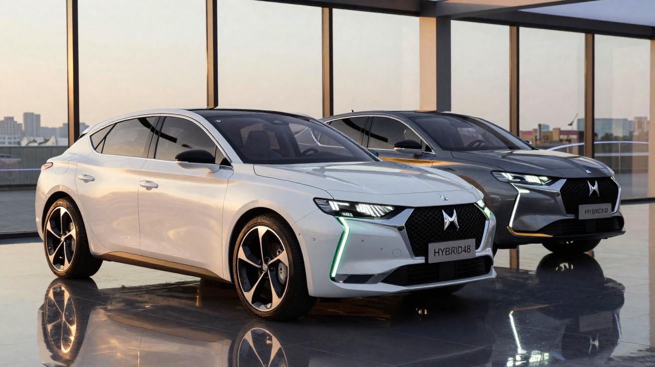 Dois carros híbridos modernos, branco e cinza, em ambiente interno com piso refletivo e grandes janelas.