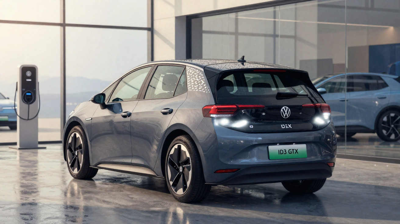 Carro elétrico Volkswagen ID.3 GTX cinza estacionado em showroom moderno com carregador elétrico ao fundo.