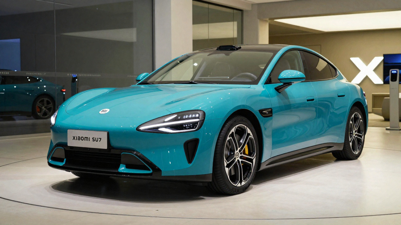 Carro elétrico azul Xiaomi SU7 exposto em showroom moderno com iluminação branca.