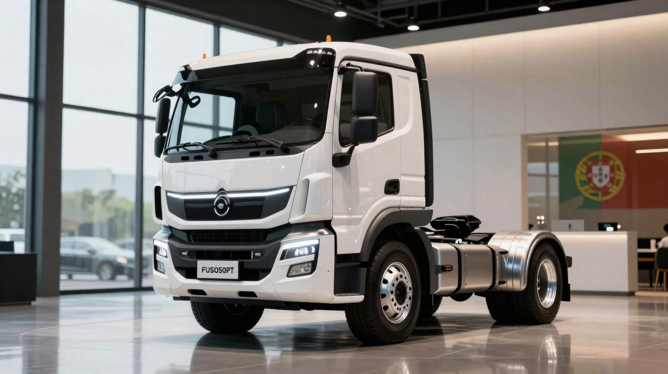 Caminhão branco modelo FUSO 50PT estacionado em showroom moderno com piso brilhante.