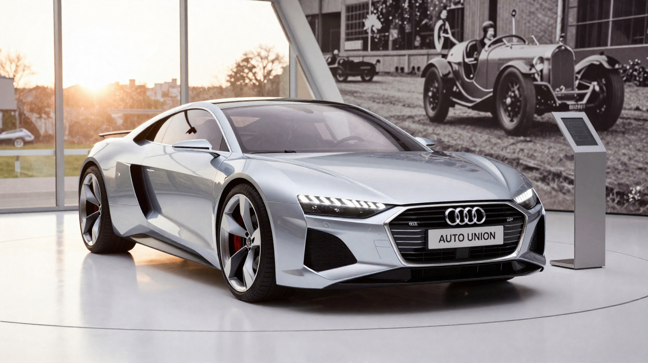 Carro esportivo prata Audi Auto Union em exposição interna com iluminação natural ao fundo.