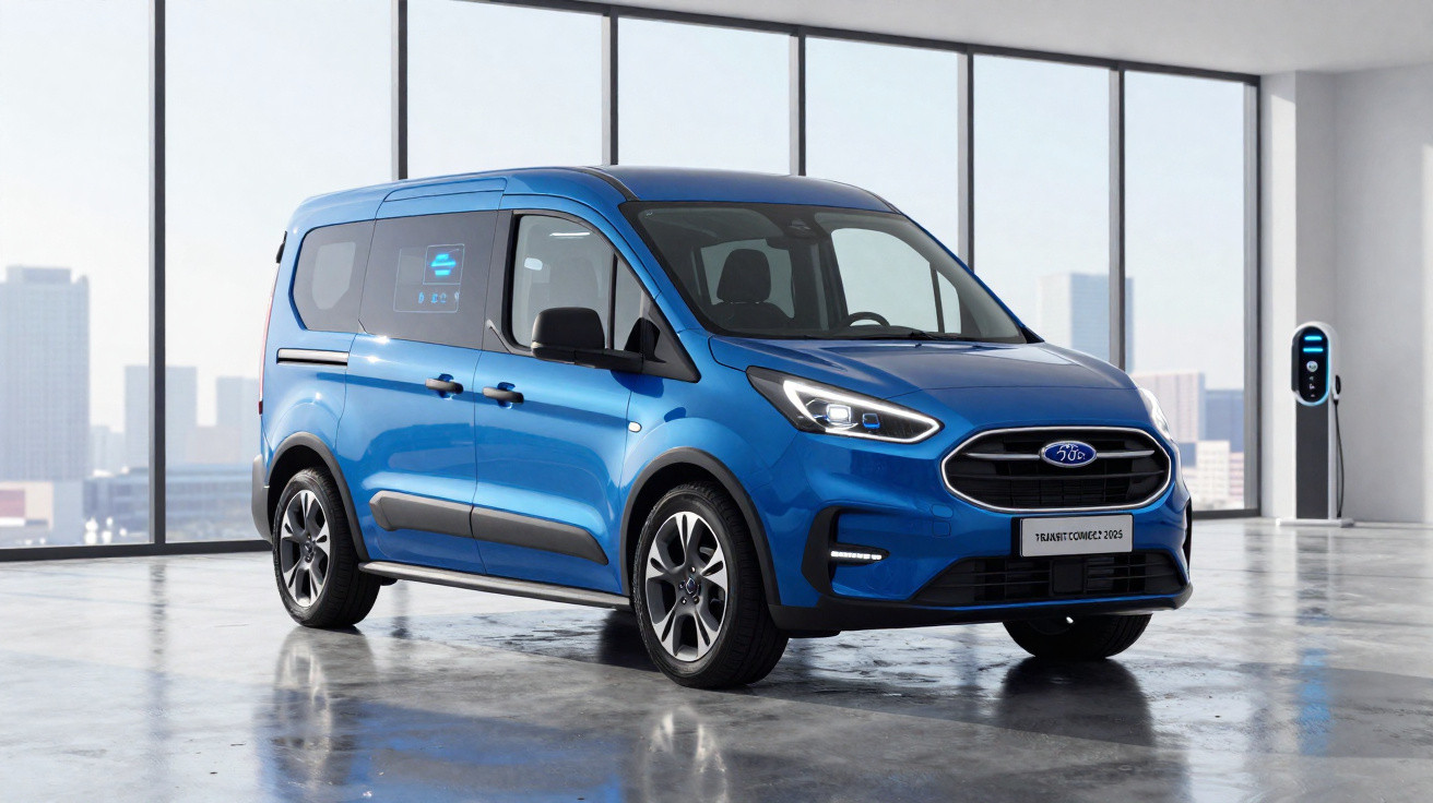 Van elétrica Ford Transit Connect 2025 azul estacionada em garagem com carregador elétrico.