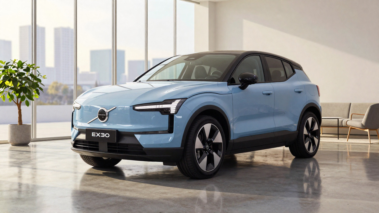 Carro elétrico Volvo EX30 azul claro em ambiente interno moderno com janelas grandes e planta.