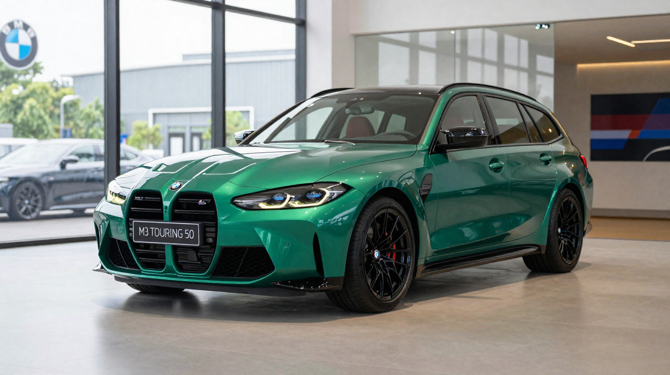 BMW M3 Touring 50 verde em showroom com rodas pretas e detalhes esportivos.