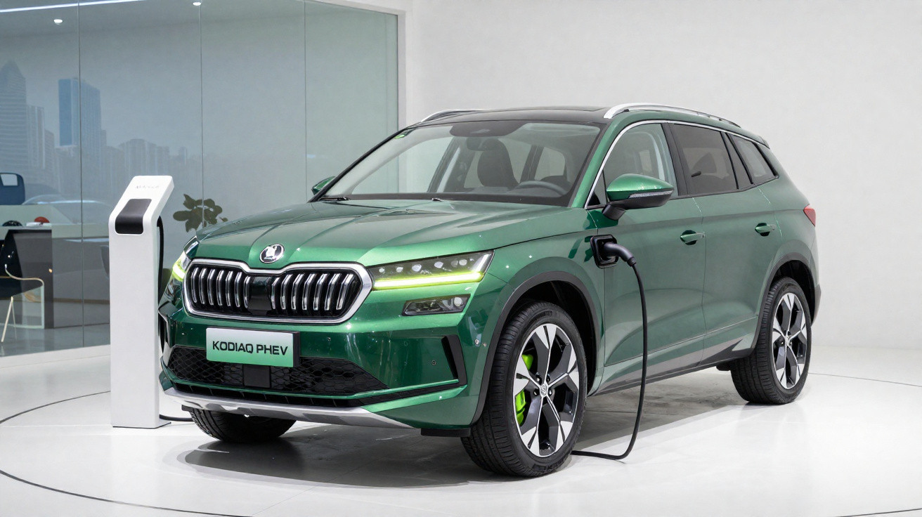 Carro SUV verde Skoda Kodiaq PHEV elétrico plugado em estação de recarga em ambiente fechado.