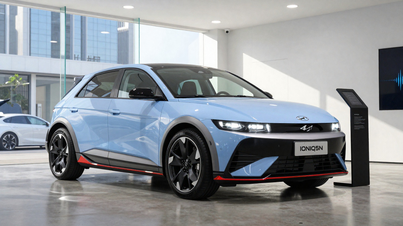 Carro elétrico Hyundai Ioniq 5N azul claro em exposição interna com luz natural e detalhes em preto e vermelho.