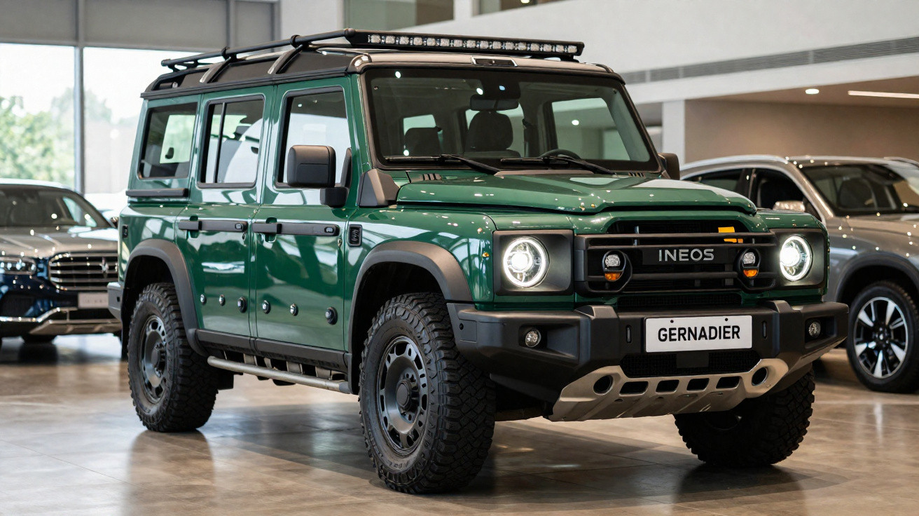SUV verde escuro Ineos Grenadier em showroom com rodas grandes e faróis acesos.