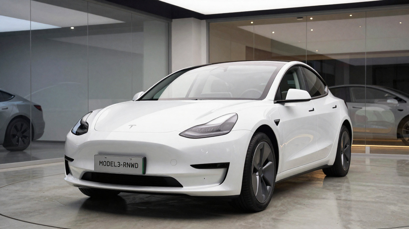 Carro elétrico Tesla Model 3 branco estacionado em showroom com piso de concreto polido e parede de vidro.