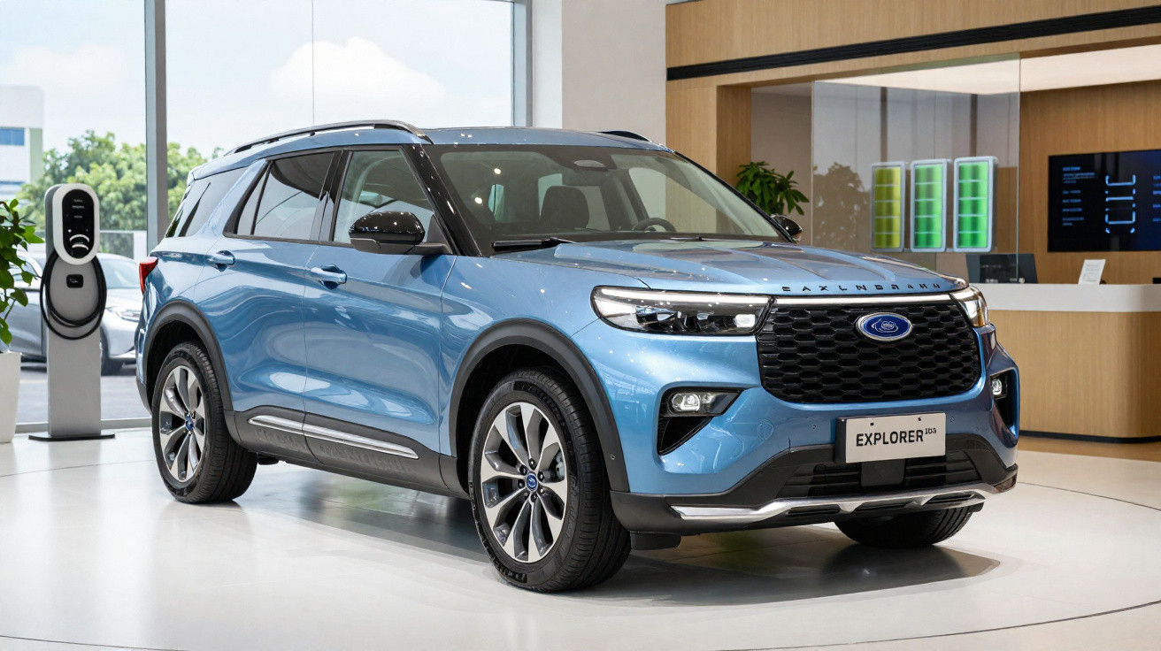 SUV Ford Explorer 2023 azul em exposição, próximo a carregador elétrico, em ambiente interno moderno.