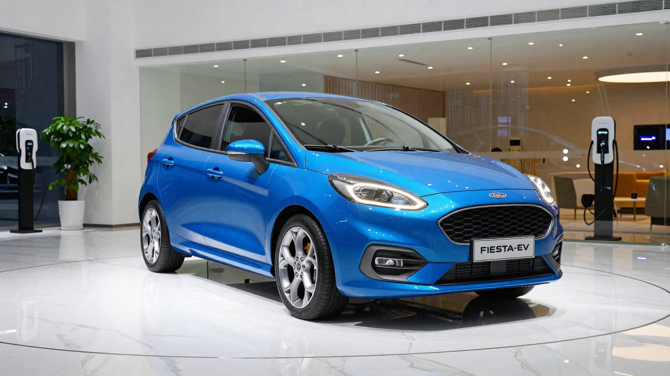 Carro elétrico azul Ford Fiesta EV exposto em salão moderno com piso branco e carregadores ao fundo.