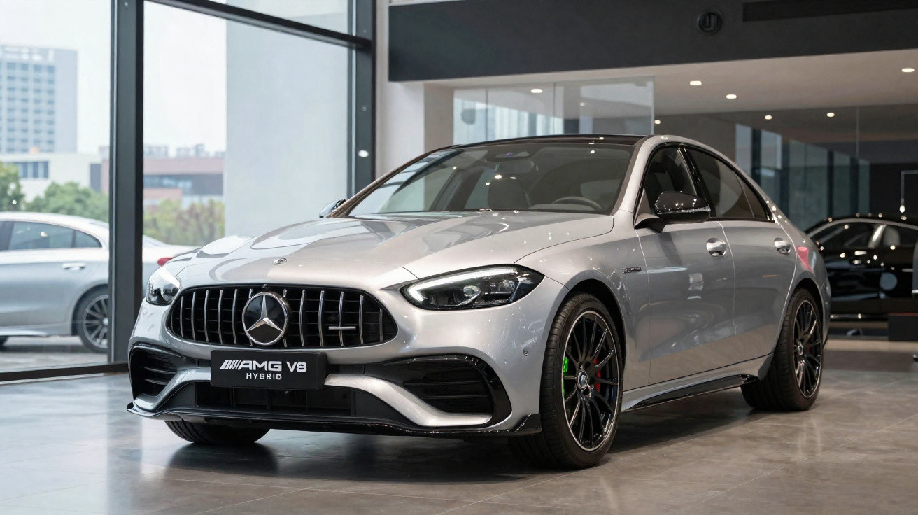 Carro Mercedes-Benz AMG V8 híbrido prata em showroom moderno com piso cinza e grandes janelas.
