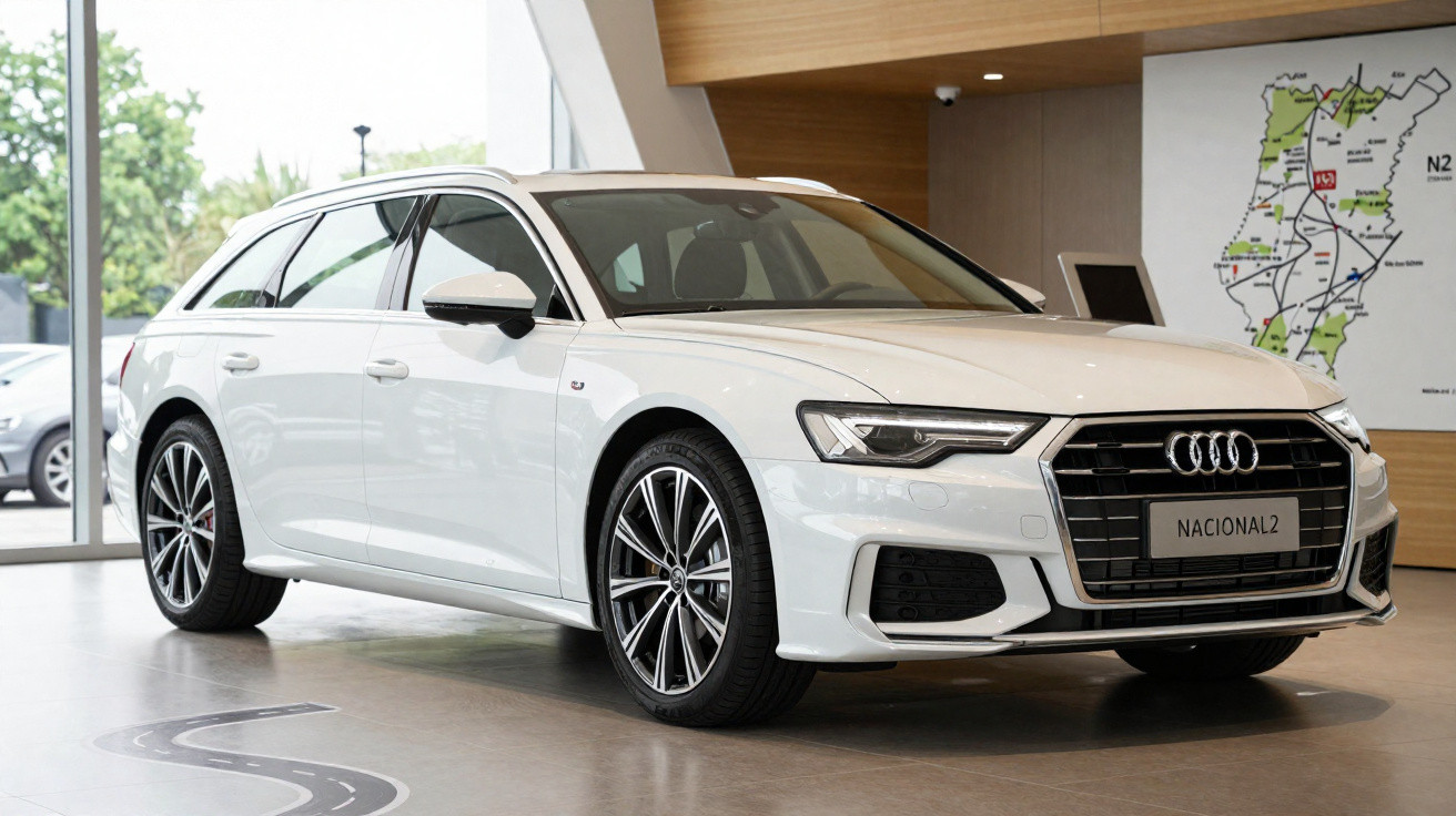 Carro branco Audi A6 Avant estacionado em showroom, com detalhes modernos e design elegante.
