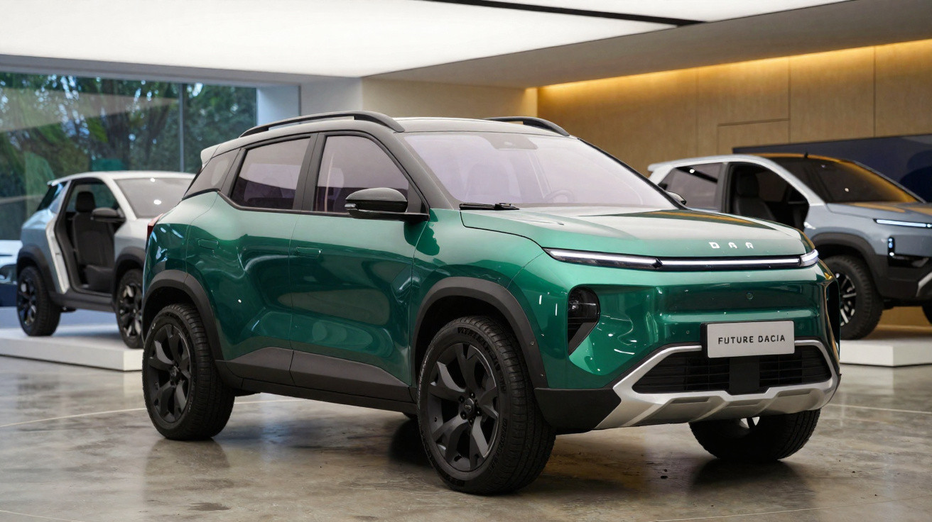 Carro elétrico SUV verde Dacia Future Dacia futurista em showroom moderno com outros veículos ao fundo.