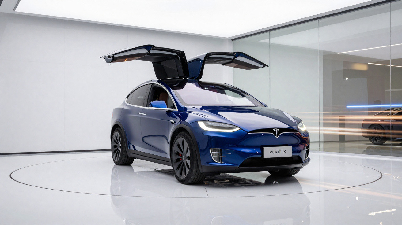Carro elétrico Tesla Model X azul com portas traseiras abertas em ambiente interno moderno.
