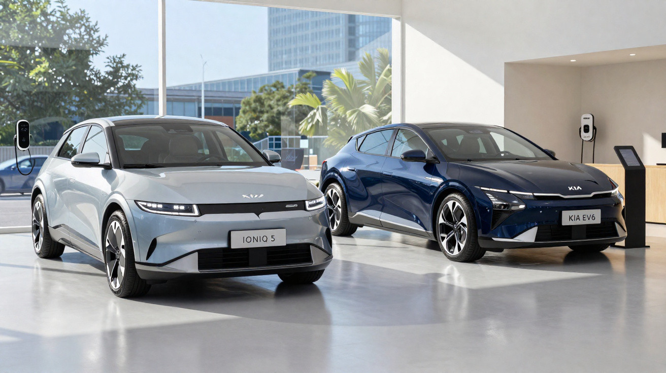 Dois carros elétricos modernos em uma concessionária com luz natural entrando pela janela.