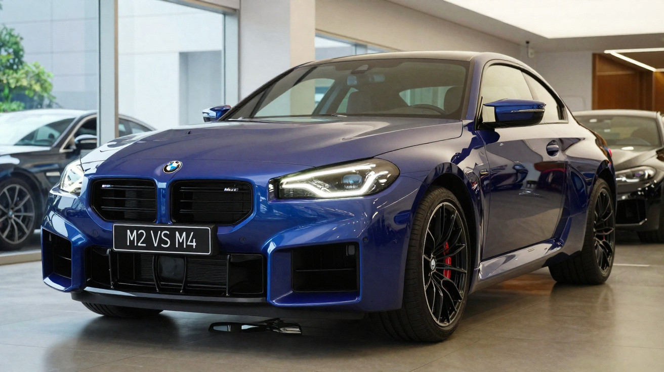 Carro esportivo BMW azul estacionado em showroom, com placa "M2 VS M4" na frente.