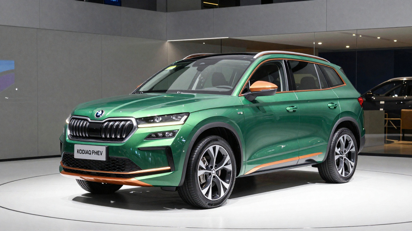 Carro SUV verde metálico com detalhes laranja exibido em sala de exposição moderna.
