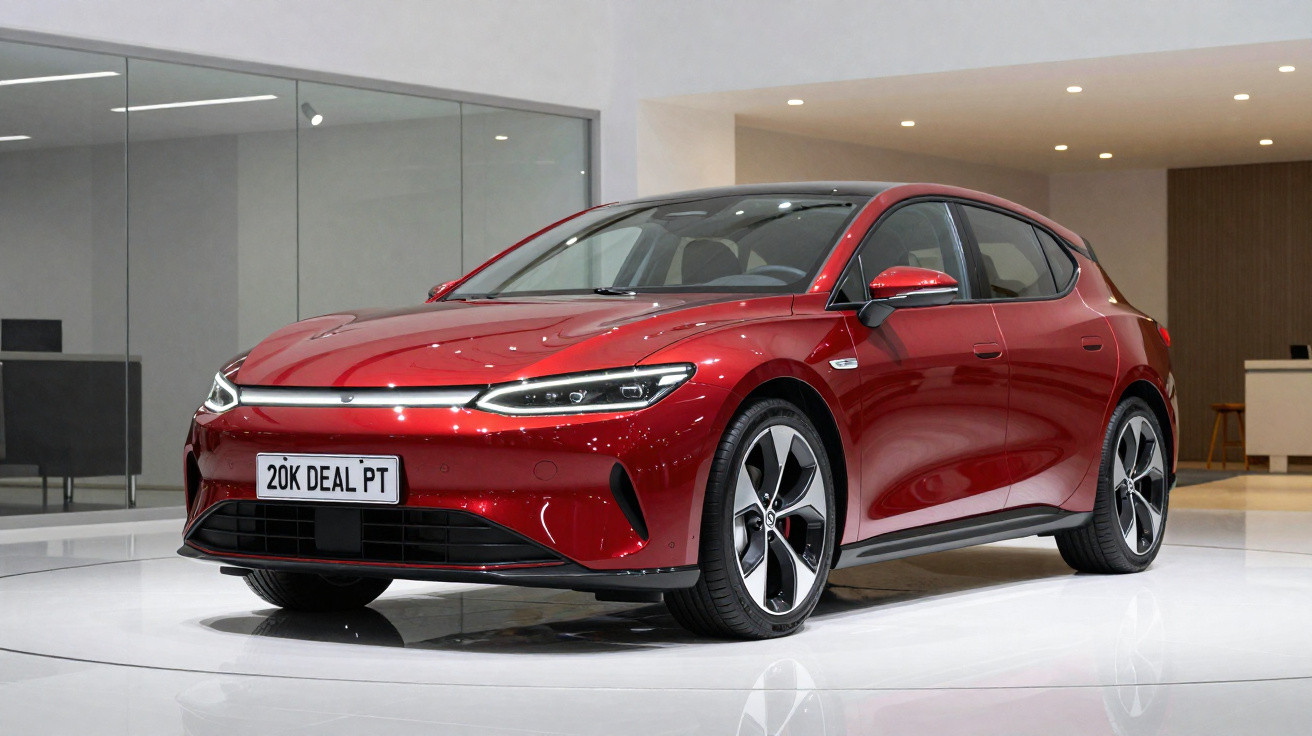 Carro elétrico vermelho estacionado em showroom moderno com iluminação branca.