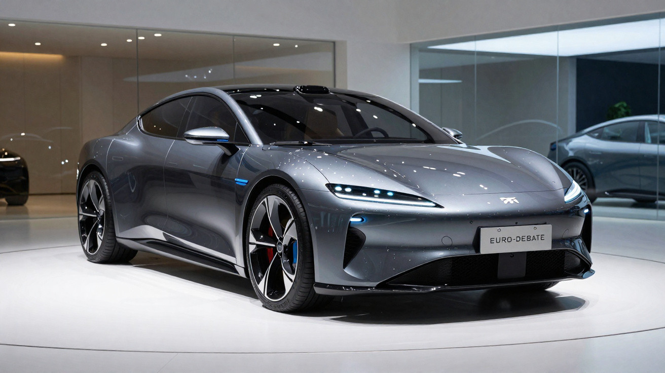 Carro esportivo elétrico cinza exibido em salão com iluminação branca e piso brilhante.