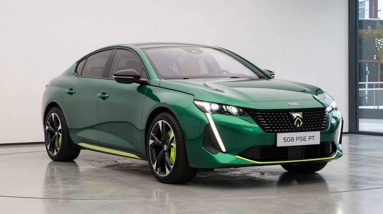 Carro esportivo verde Peugeot 508 PSE PT com rodas pretas e detalhes em amarelo em ambiente interno.