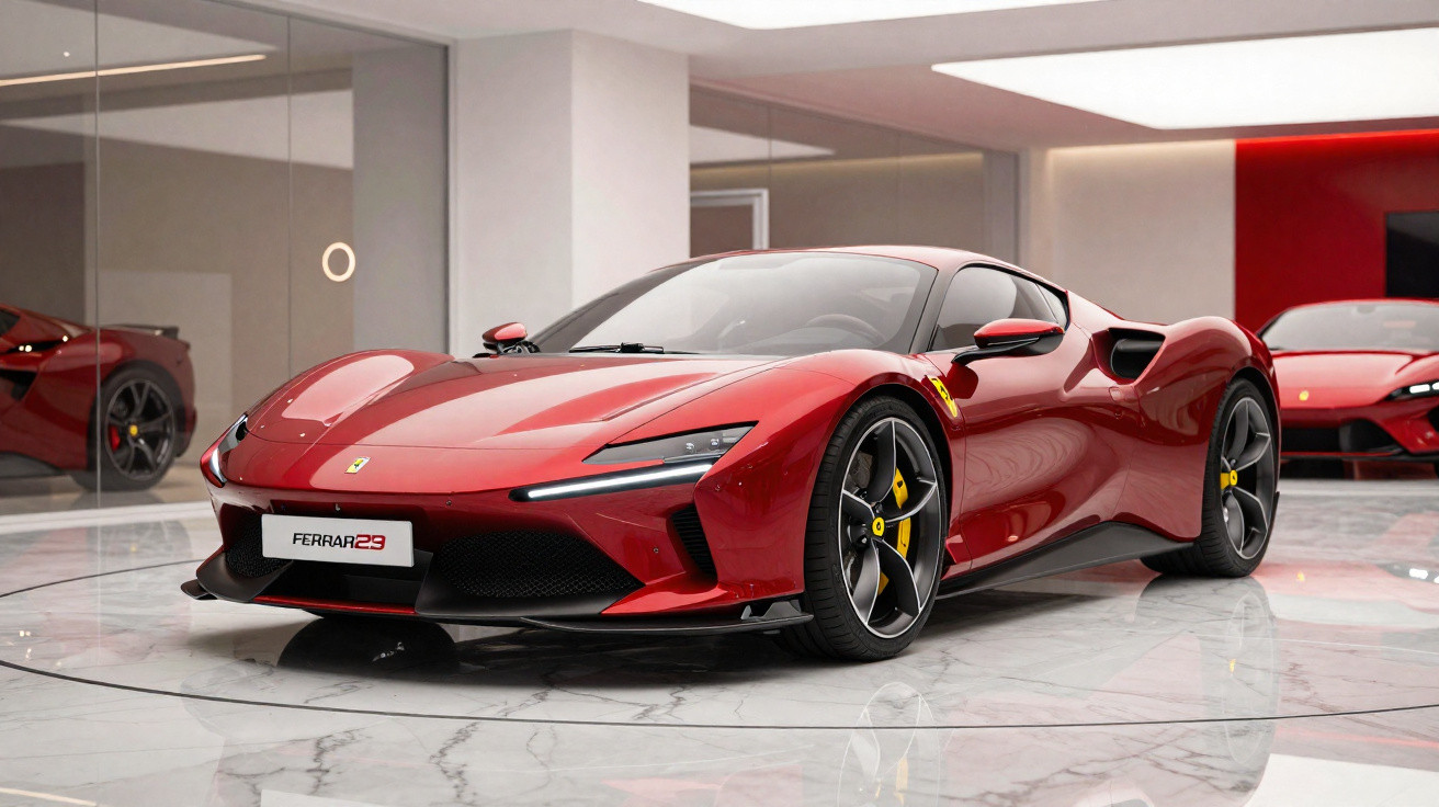 Carro esportivo vermelho Ferrari F8 Tributo em showroom moderno com piso de mármore branco e iluminação suave.