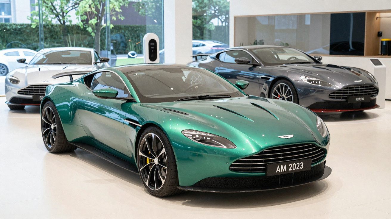 Carros esportivos Aston Martin modelo AM 2023 em tons verde, cinza e branco expostos em showroom.