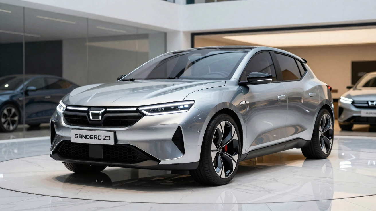 Carro elétrico prateado Sandero 23 em exposição em ambiente interno moderno e iluminado.