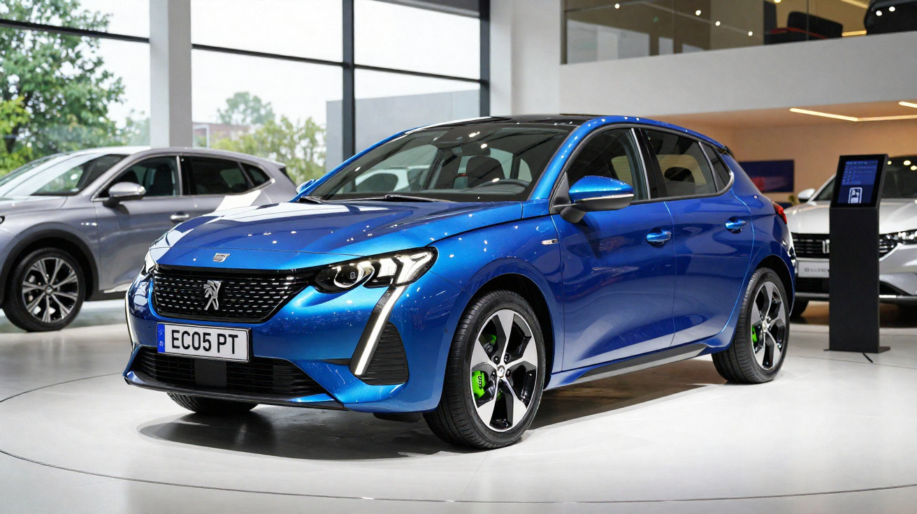 Carro elétrico Peugeot azul em exposição dentro de showroom moderno com outros carros ao fundo.