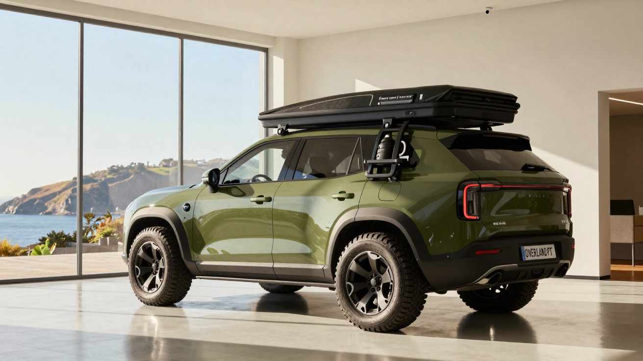 Carro SUV verde com acessórios de aventura estacionado em garagem com vista para o mar.
