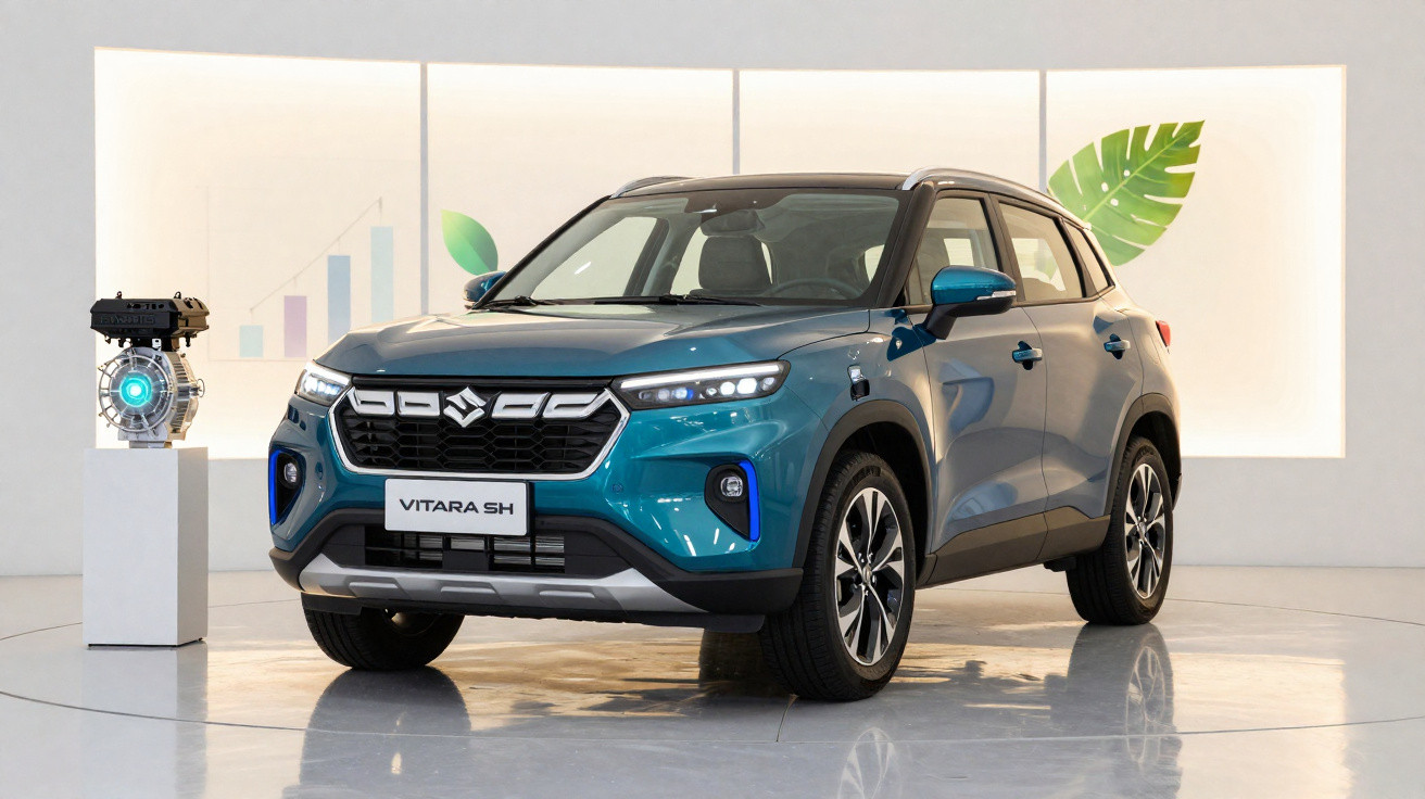 Carro SUV Suzuki Vitara SH azul exposto em ambiente moderno com motor ao lado e fundo com gráficos e folhas.