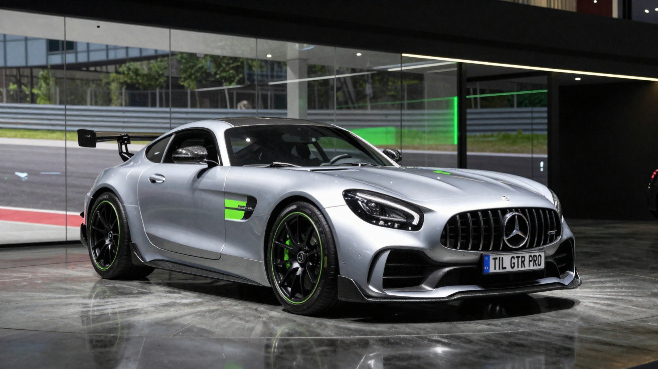 Mercedes-Benz esportivo prata com detalhes verdes estacionado em ambiente fechado e iluminado.