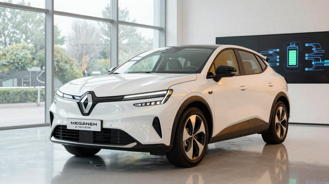 Carro elétrico Renault Megane E-Tech 2023 branco exposto em showroom moderno.